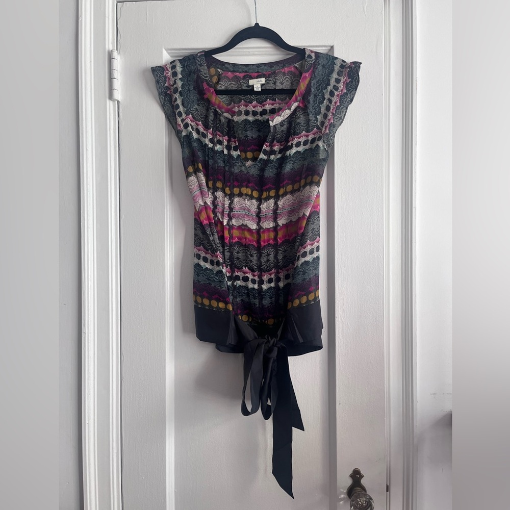 Anthropologie (Odille) 100% Silk Multi/Black Patterned Blouse with Tie Waist
